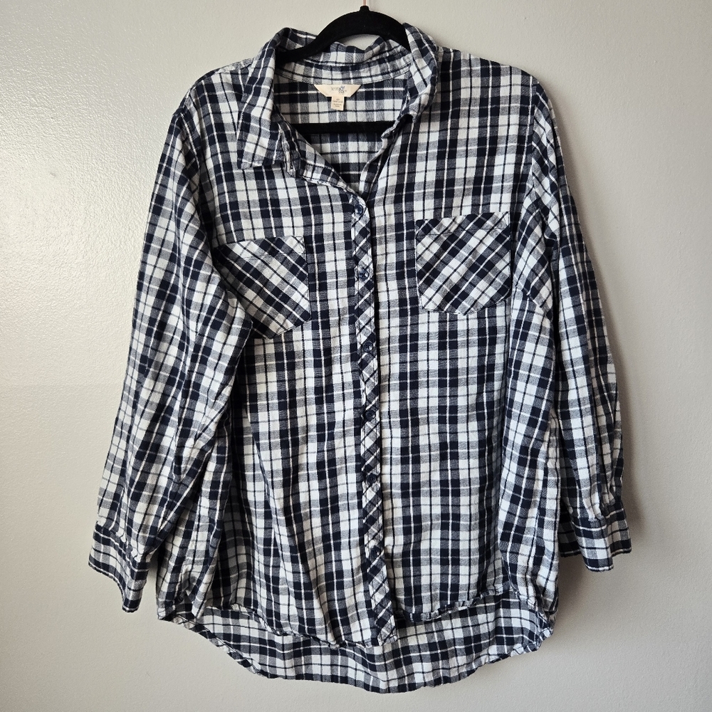 (3/$25) Terra & Sky Plaid Flannel Button Down | Navy Gingham Top Size 2X